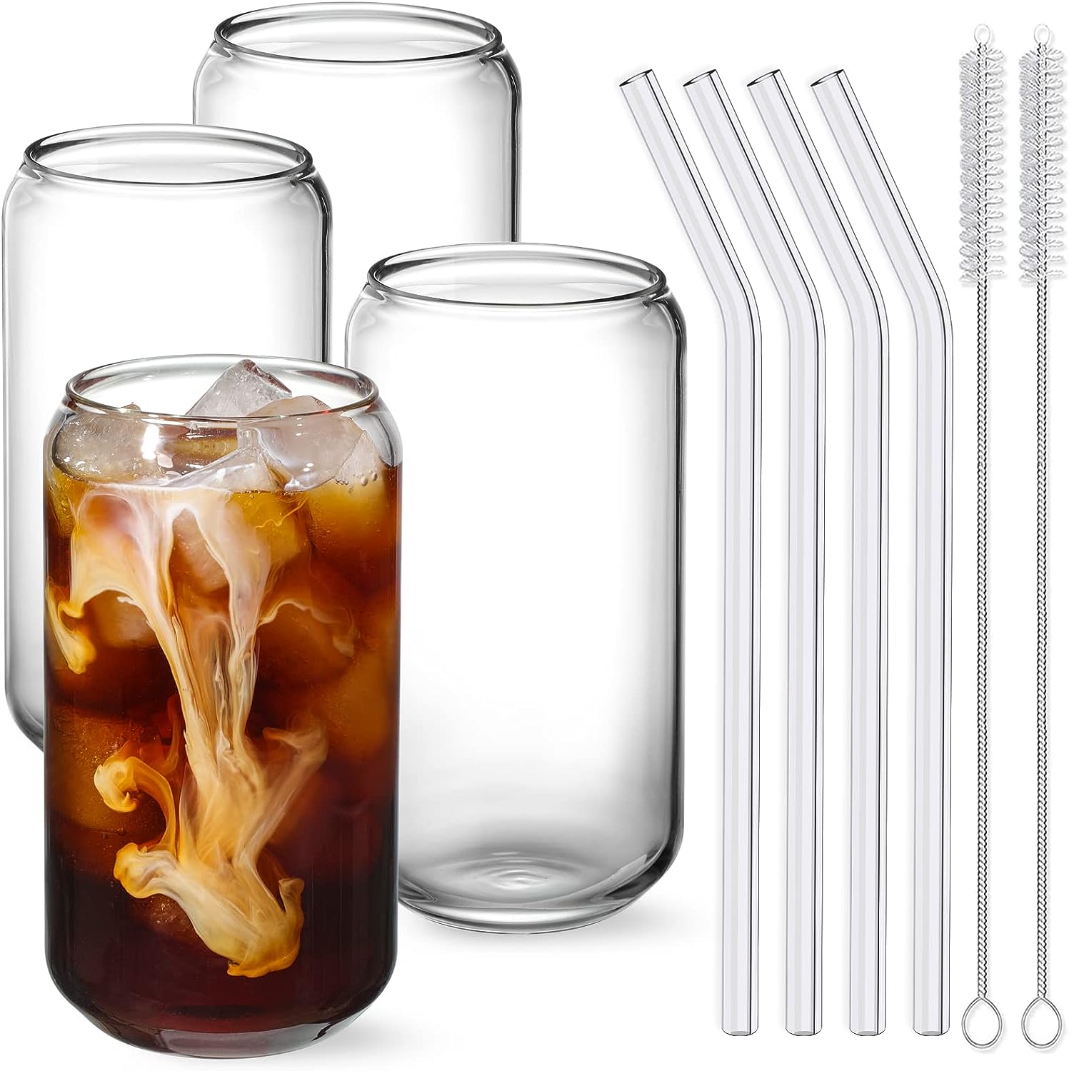 230527215059739_1 NETANY Drinking Glasses with Glass Straw 4pcs Set - 16oz Can Shaped Glass Cups, Beer Glasses, Iced Coffee Glasses, Cute Tumbler Cup, Ideal for Whiskey, Soda, Tea, Water, Gift - 2 Cleaning Brushes - Image 1